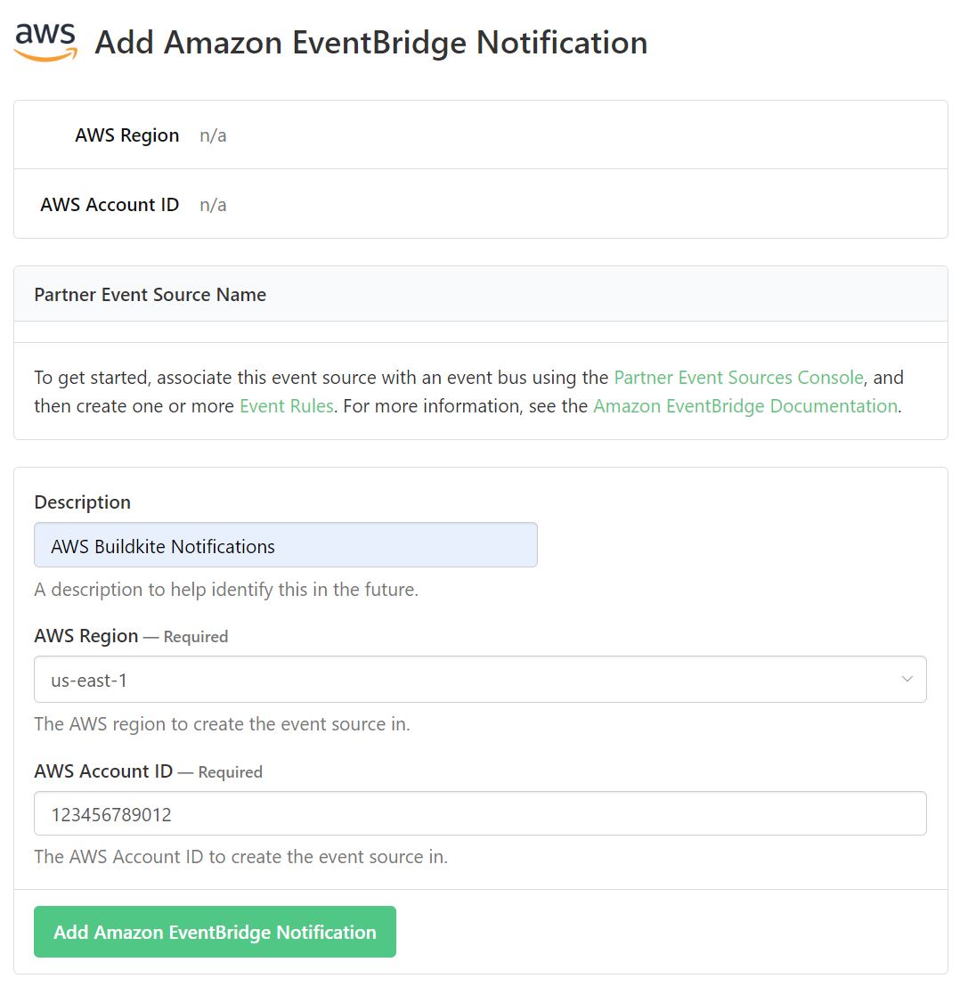 Buildkite AWS EventBridge Settings